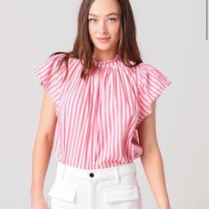 Trovata Pink and White Stripe Ruffle Sleeve Top